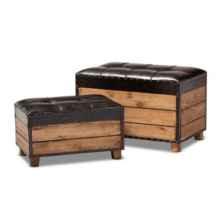 Baxton Studio Marelli Dark Brown Upholstered 2-Piece Wood Storage Trunk Ottoman Set 153-9198